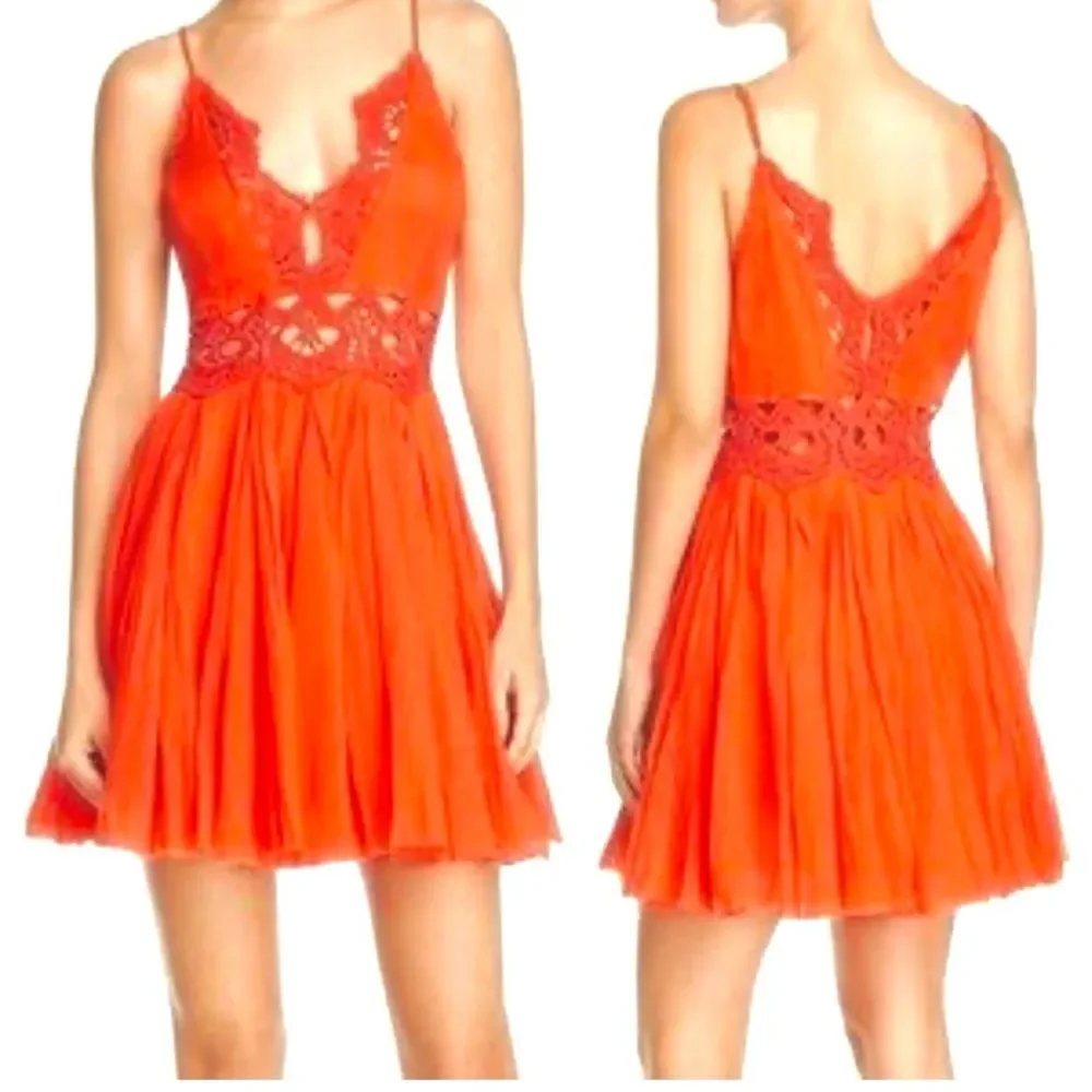 FREE PEOPLE Red-Orange Ilektra Mini Dress Cotton